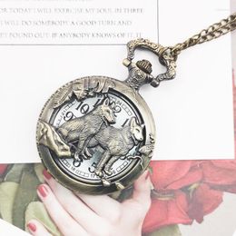 Pocket Watches 2023 Design Bronze Dog Wolf Hollow Quartz Fob With Chain Cool Pendant Clock Gift For Women Men