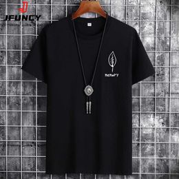 Men's T-Shirts JFUNCY S-6XL Oversize Men Cotton Tee Tops Summer Short Sleeve T-shirt Leaf Print Male Casual Tshirt Graphic T Shirts Y2302