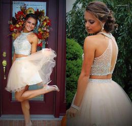 Party Dresses Two Pieces Halter Short Prom Dress A-Line Beading Crystal Top Sweet 15 Graduation Cocktail Plus Size Custom Made