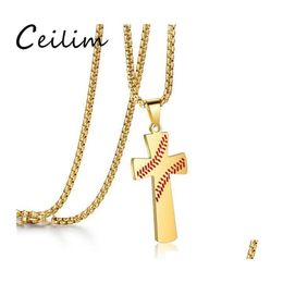 Pendant Necklaces Gold Cross Pendants Sporting Baseball Golden Christ Jesus Stainless Steel Necklace Religious Jewelry Drop Delivery Otqei