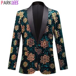 Men's Suits Blazers Luxury Floal Sequin Tuxedo Suit Jacket Men Shawl Collar One Button Dress Blazers Mens Wedding Party Prom Dinner Costume Homme 230202