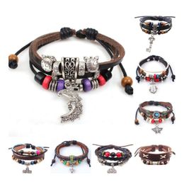 Charm Bracelets Leather Bracelet For Women Mens Bangles Hand Woven Braided Rope Genuine Chain Bead Infinity Drop Delivery Jewelry Dhsn3