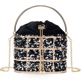 Velvet Metal Cage Evening Clutch Bag For Women 2021 Handbags And Purses Luxury Sequins Chain Bucket Bridal Wedding Party 230202