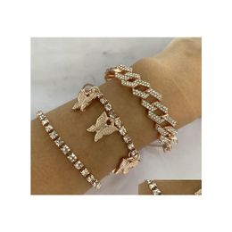 Tennis Ice Out Cuban Link Chain Bracelet Gold Ring Statement Necklacerhinestone Crystal Butterfly For Women Men Jewellery Set Drop Del Dh8Rh