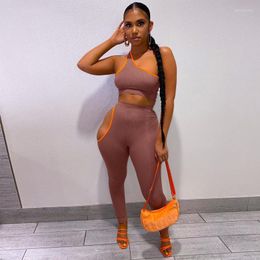 Women's Two Piece Pants Wsevypo Summer Ribbed Two-piece Vest And Sets Streetwear One-Shoulder Strap Crop Tops Skinny Leggings Suits