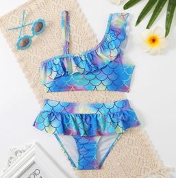 Girl One-Pieces Swimsuit Two Piece Set Kid Baby Print Pattern Bathing Suit Fly Sleeve Tops Shorts Swimwear Clothing