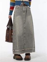 Skirts Fashion Retro Long Autumn Winter Denim Girls High Waist Button Loose Pockets Straight Maxi 2023
