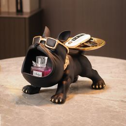 Decorative Objects Figurines Nordic Decor Sculpture Dog Big Mouth French Bulldog Butler with Metal Tray Table Decoration Statue for Live Room Bulter 230201