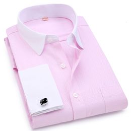 Men's Dress Shirts Men French Cufflinks Shirts White Collar Design Solid Color Jacquard Fabric Male Gentleman Dress Long Sleeves Shirt 230201