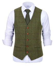 Men's Vests Men's Army Green Vest Plaid Soft Wool Brown Jacket Casual Gentleman Tweed Business Waistcoat For Groosmen Man For Wedding 230202