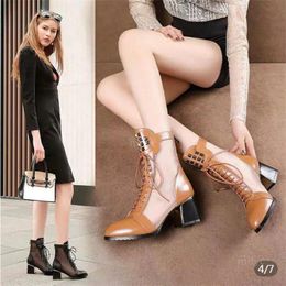 Sandals 2023 Large Size Fish Mouth Net Yarn Boots Women Hollow Cool Summer Lace-up Thick Heel Shoes