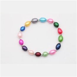 Beaded Natural Freshwater Ctured Oval Pearl Bracelet 78Mm Rice Shape Stretch Bangle Love Wish With Sier Plated Charm Drop Delivery J Dhfvw