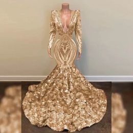 African Gold Mermaid Prom Dresses V Neck Long Sleeve Plus Size 3D Rose Evening Dress Elegant Formal Party Sequin Gown Black Girls Night Wear Robe Soiree