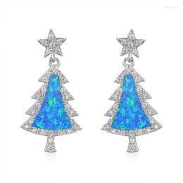 Stud Earrings Cute Unique Female Christmas Tree Silver Colour Blue White Opal Vintage Wedding For Women