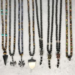 Pendant Necklaces Natural Stone Necklace Long 6MM Tiger Bead Black Hematite Triangle Skull Pendants Mens Fashion Jewelry