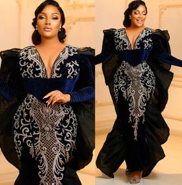 2023 Arabic Aso Ebi Mermaid Lace Prom Dresses Beaded Navy Blue Evening Formal Party Second Reception Birthday Engagement Gowns Dress ZJ554