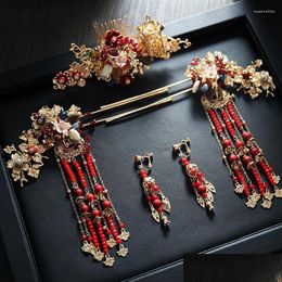Hair Clips Barrettes Chinese Red Beads Long Hairpins Comb Earrings Tiara Simple Atmosphere Show Step Coronte Wedding Bride Jewellery Dhqib