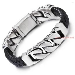 Link Bracelets 16mm Wide Men Bracelet Black Leather Stainless Steel Button Male Vintage Jewellery Unique Design Cool Bangle