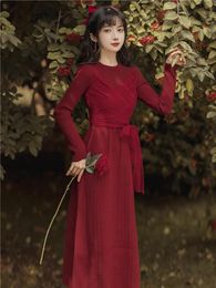 Casual Dresses Winter Knitted Dress Women Long Sleeve O Neck High Waist Bow Knot Thinner Mesh Sweater Pleated Female