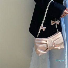 Evening Bags Girly Pearl Bow Cute Underarm Bag Women's Small Pink Shoulder Soft PU Leather Female Pearlescent Clutch Purse Handbags