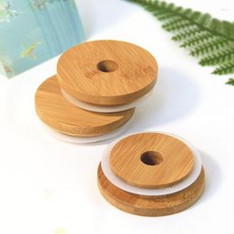 Kitchen Storage Eco Friendly Reusable Bamboo Wood Lids Wide Mouth Cup Mason Jar Lid With Straw Hole Bottles Covers Caps Seal Ring