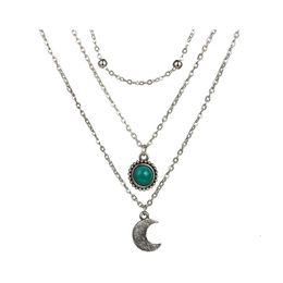 Pendant Necklaces Designed For Crossborder Jewellery Loose Stone Moon Three Mtilayer Necklace Retro Sweater Chain Inlaid Diamond Drop Dhhsv