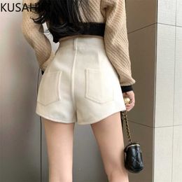 Women's Shorts KUSAHIKI 2022 Autumn Winter New Thick Woolen Wide Leg Women High Waist Korean Fashion Elegant Short Femininos Bottoms Y2302