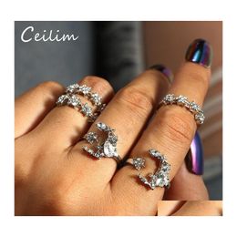 Cluster Rings 5Pcs/Set Crystal Rhinestone Vintage For Women Tiny Moon Finger Knuckles Ring Set Female Jewellery Party Wedding Femme Otohm