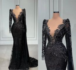 Vintage Black Lace Mermaid Evening Dresses with White Beads Sheer Deep V neck Long Sleeve Appliques Occasion Party Gowns Prom Vestidos BC14999
