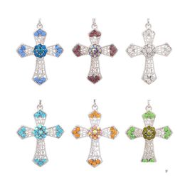 Pendant Necklaces Pretty Cross Beautifly Necklace For Women Sweater Chain Sier Colour Rhinestone Crystal Drop Delivery Jewellery Pendant Dht19