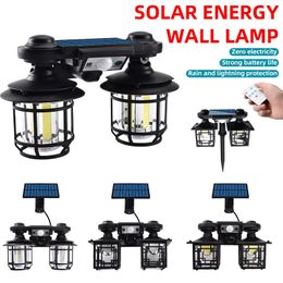 Solar Wall Lights Dual Heads Split Integrated with Ground Stick Outdoor Waterproof Motion Sensor Remote Control COB Solar Lights