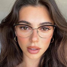 Sunglasses Retro Metal Cat Eye Simple Eyebrow Anti Blue Light Glasses Frames Women Optical Fashion Computer Eyeglasses