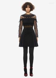 Casual Dresses Design Women Sexy O-neck Long Sleeve Lace Perspective A-line Patched Buttons Pleated Dress Black White 2 Colours SML