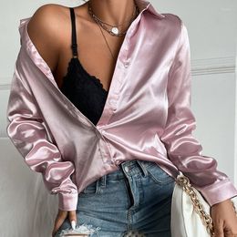 Women's Blouses Satin Shirt Women Top Elegant Long Sleeve Spring Summer Office Ladies Shirts 2023 Loose Pink Silk Button Up V-neck Tops