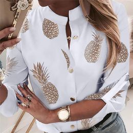 Women's Blouses Shirts Women Crew Neck Long Sleeve Office Lady Blouse Tops Outwear Pineapple Print Buttons Work Formal Top 230202