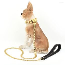 Dog Collars Strong Dogs Leash Golden Cuban Link Chain Stainless Steel Pet Safety Lead With PU Leather Handle For