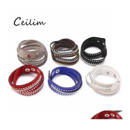 Link Chain 9 Colors Women Fl Rhinestone Cool Leather Wrap Wristband Cuff Punk Bracelet Bangles Fit Party Gift Winding Snap Button D Oturn