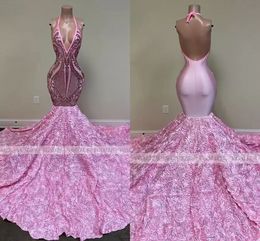 Pink Long Prom Dresses Mermaid Black Girls Sequin Sexy Backless Halter 3D Flowers African Women Formal Evening Party Gowns BC15100