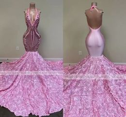 Pink Long Prom Dresses Mermaid Black Girls Sequin Sexig backless grimma 3D Flowers African Women Formal Evening Party Gowns BC15100