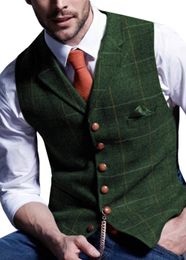 Mens Vests Suit Vest Notched Plaid Wool Herringbone Tweed Waistcoat Casual Formal Business Groomman For Wedding GreenBlackGreenGrey 230203