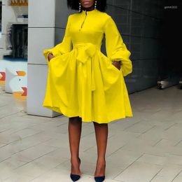 Casual Dresses 2023 Summer Plus Size Dress Yellow High Waist A-line Fashion Elegant Solid Color Lantern Sleeve Tutu Skirt