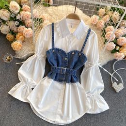 Women's T Shirts Retro White Shirt Female Niche Design Bubble Sleeve Loose Denim Halter Strap Vest Two Pieces Set