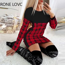 Casual Dresses Plus size Women Elegant Round Collar Long Sleeves Plaid Pattern Patchwrok Bodycon Dress 230203