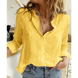 Women's Blouses Shirts Leisure White Yellow Shirts Button Lapel Cotton Linen Top Lady Loose Long Sleeve Oversize Shirt Womens Blouses Autumn Blusas 230203