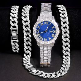 Bracelet Necklace Watch Full Iced Out Watch Men Cuban Link Chain Choker Jewellery for Hip Hop 230202