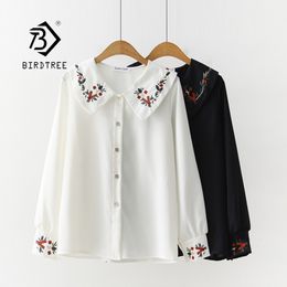 Womens Blouses Shirts Floral Embroidered Button Up Chiffon Blouse Long Sleeve Peter pan Collar Shirt Sweet Girls Loose Plus Size Top T93902F 230203