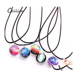 Pendant Necklaces Fashion Dreamy Starry Neba Space Galaxy Universe Necklace Doublesided Glass Ball Black Letter Chain Women Girls Dr Otpiu