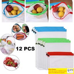 12PCS Reusable Mesh Produce Bags Double Stitched Drawstring Mesh Multipurpose Food Fruits Vegetable Storage Bags