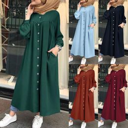 Ethnic Clothing Muslim Dress For Women Hijab Shirt Long Sleeve Maxi Vestidos Female Button Robe Femme Musulman High Wasit Sundress PW196