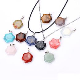 Pendant Necklaces Natural Crystal Rose Quartz Stone Flowe Shape Necklace Chakra Healing Jewellery For Women Men Drop Delivery P Dhgarden Dhhx3